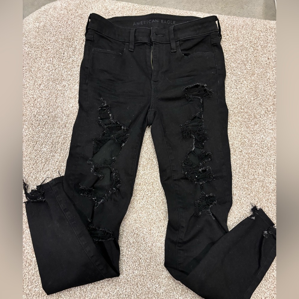 American Eagle - Hi-Rise Jeggings Black Distressed Women's Jeans, Size 6R